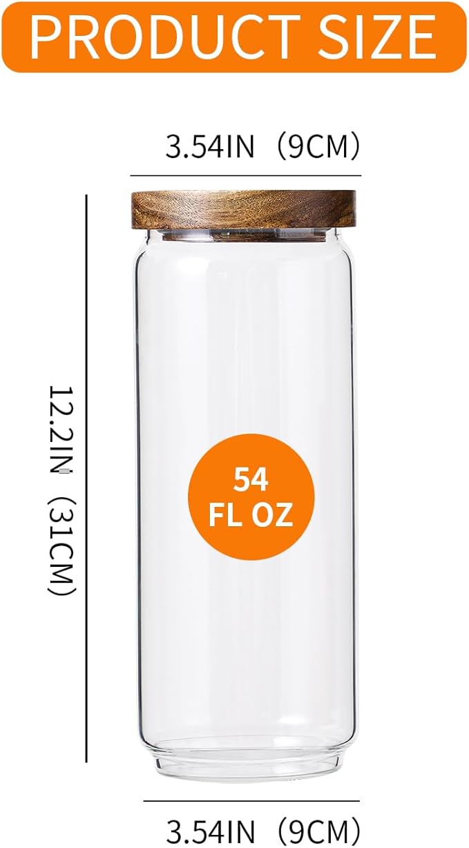 Glass Storage Containers Set of 3, 54 OZ High Borosilicate Glass Jars with Wooden Lids Kitchen Food Canisters s for Coffee Beans/Sugar/Noodles/Nuts/Cookies/Pasta