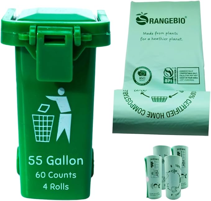 100% Certified Home Compostable Trash Bags, 55 Gallon, 60 Count, 1.5 Mils Extra Thick 38 x 56 Inches, 208 Liter, Compostable Liners, ASTM D6400 EN 13432 US BPI & OK Compost Home Certified