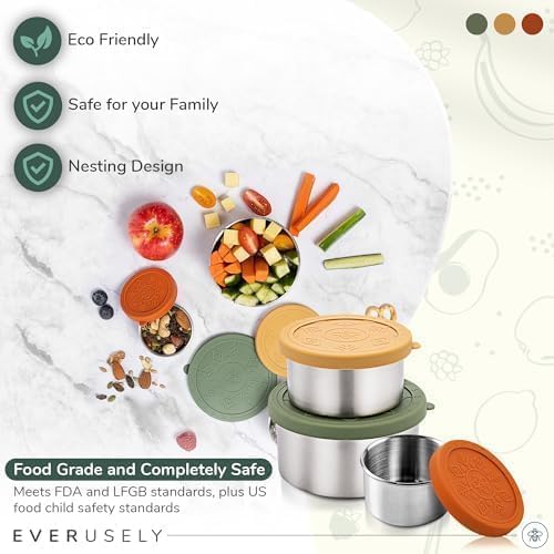 Everusely - Stainless Steel Food Containers - 3 Pack, Muted - Lunch Box - Snack Containers for Office, Home Food Storage - Leakproof with Silicone Lids - Dishwasher & Freezer Safe
