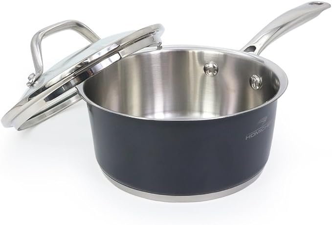 HOMICHEF 1 QT Nickel Free Stainless Steel Saucepan Coating Free - Navy Gray Healthy Non Toxic Small Pot Induction - Stainless Steel Saucepan with Glass Lid