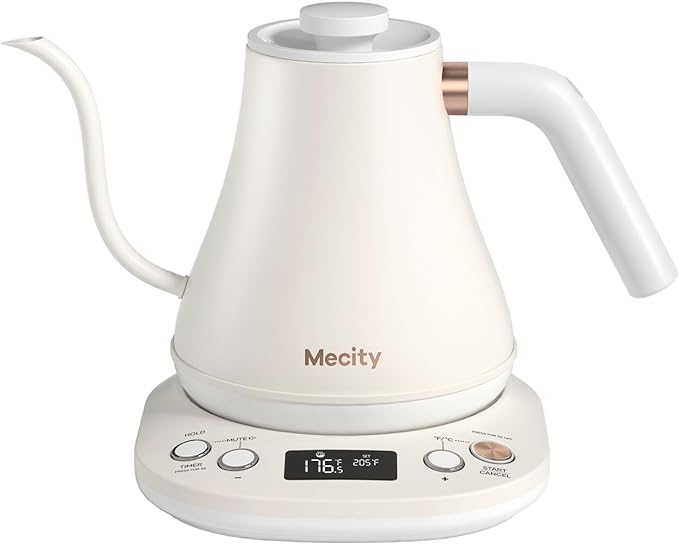 Mecity Electric Gooseneck Kettle With Keep Warm Function & LCD Display Automatic Shut Off Coffee Kettle Temperature Control Pour Over Kettle 1200 Watt, 0.8L, 120V, Off White