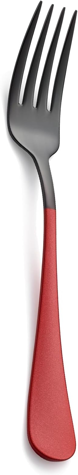 Black and Red Dinner Fork, 18/0 Red handle Stainless Steel Satin Finish 8.1-inch Silverware Flatware Fork Set, Set of 12, Dishwasher Safe