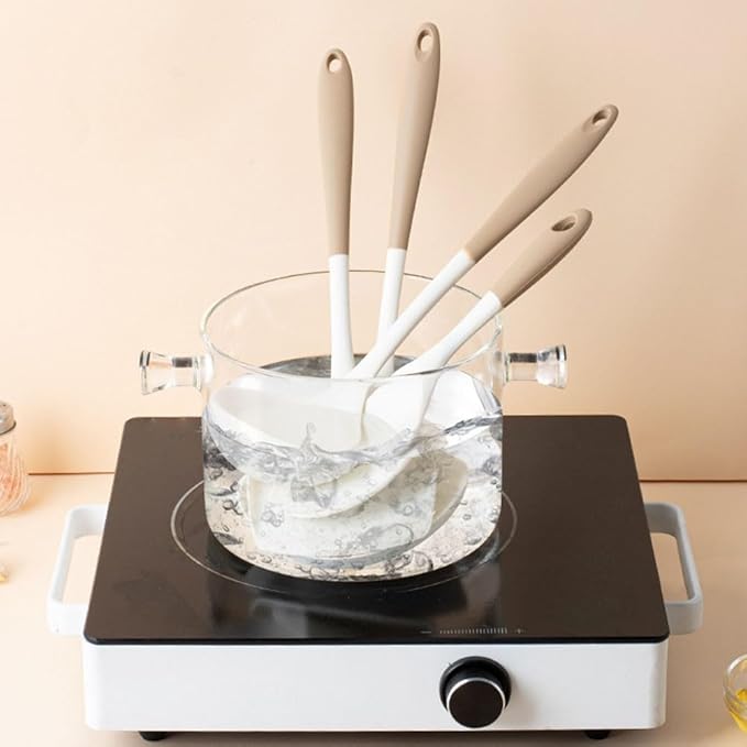 High Temperature Resistant Silicone Cooking Tools Set with Spatula and Soup Spoon (C White and green)