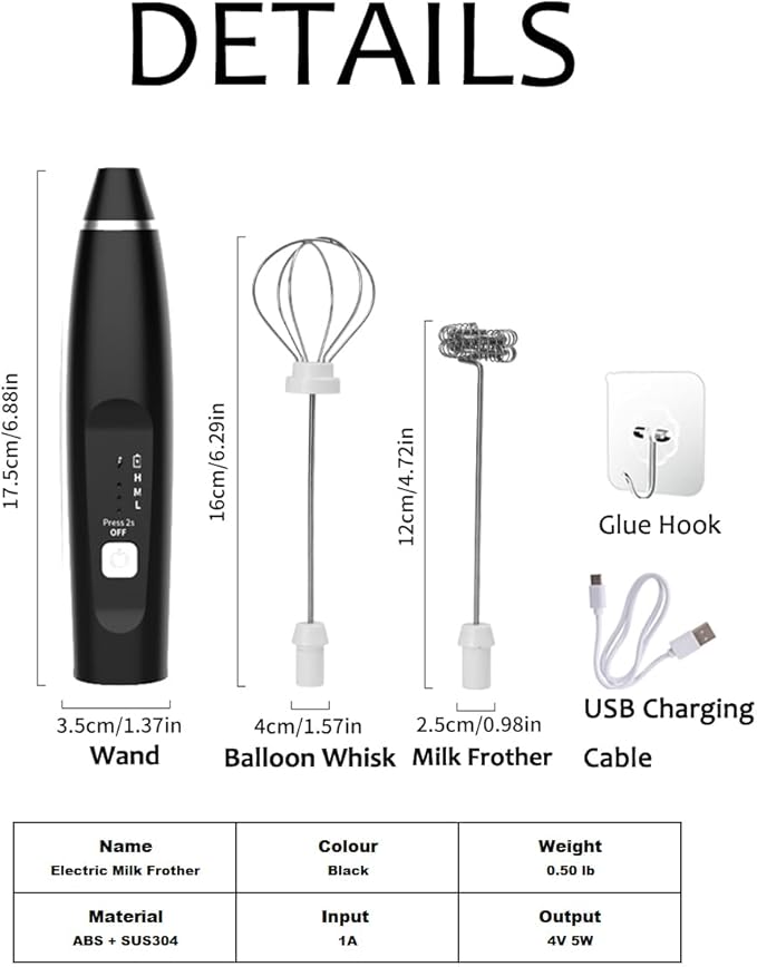 Milk Frother Handheld Foam Maker with 2 Stainless Stirring Head 3 Speed Rechargeable Electric Blender Milk Frother Wand Drink Mixer for Cappuccino Matcha Latte Hot Chocolate Protein Powder Egg (Black)