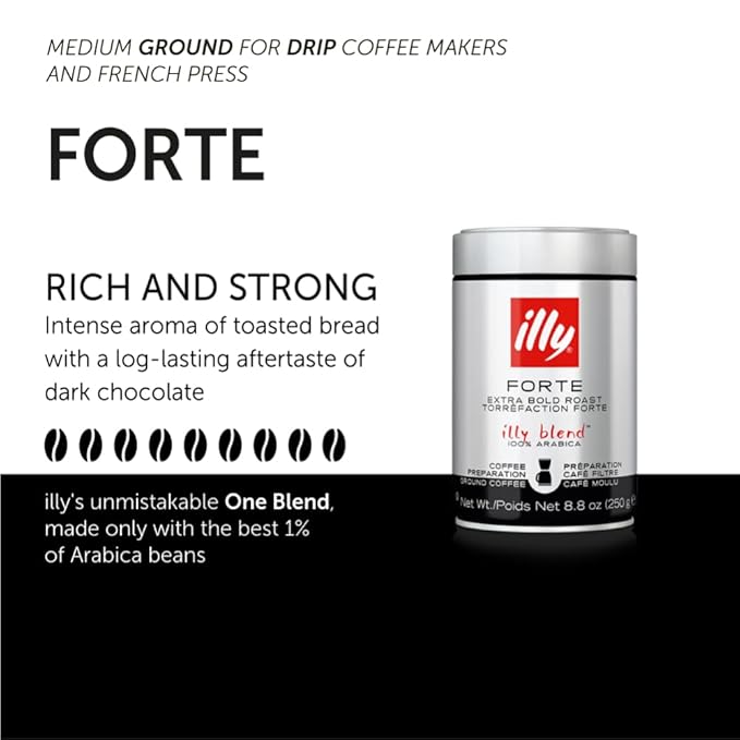 Illy Ground Drip Coffee - Forte Extra Bold Roast Coffee - Rich & Strong Flavor - 100% Arabica - Pre-Ground for Drip Pour Over - Pressurized Packaging Sealed for Freshness - 8.8oz (Pack of 6)