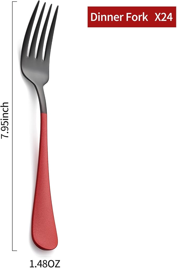 Black and Red Dinner Fork, 18/0 Red handle Stainless Steel Satin Finish 8.1-inch Silverware Flatware Fork Set, Set of 24, Dishwasher Safe