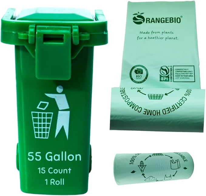 100% Certified Home Compostable Trash Bags, 55 Gallon, 15 Count, 1.5 Mils Extra Thick 38 x 56 Inches, 208 Liter, Compostable Liners, ASTM D6400 EN 13432 US BPI & OK Compost Home Certified