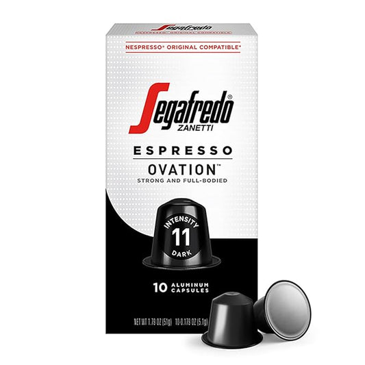 Segafredo Zanetti Espresso Capsules – Aluminum Pods for Nespresso Original Machines – Dark Roast Premium Espresso with a Full-Bodied Aroma – Strong, Intensity 11 – Ovation, 10 Count