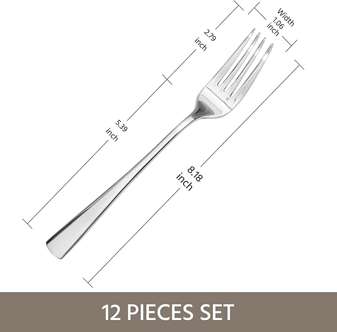 KINGSTONE 12 Piece Dinner Forks Set, 18/10 Stainless Steel Forks, Silver Food Grade Fork Set of 12, Metal Forks for Home, Kitchen, Weddings, Parties or Restaurant, Dishwasher Safe-8.18inches