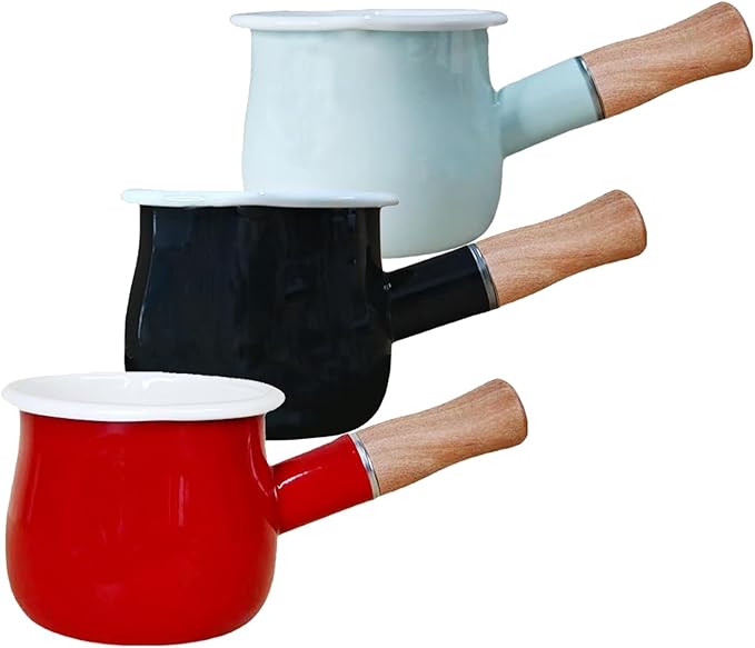 0.6qt Mini Enamel Milk Pot Insulated Wooden Handle 2 Pour Spouts Small Food Warmer Cute Saucepan (D015,BLACK)