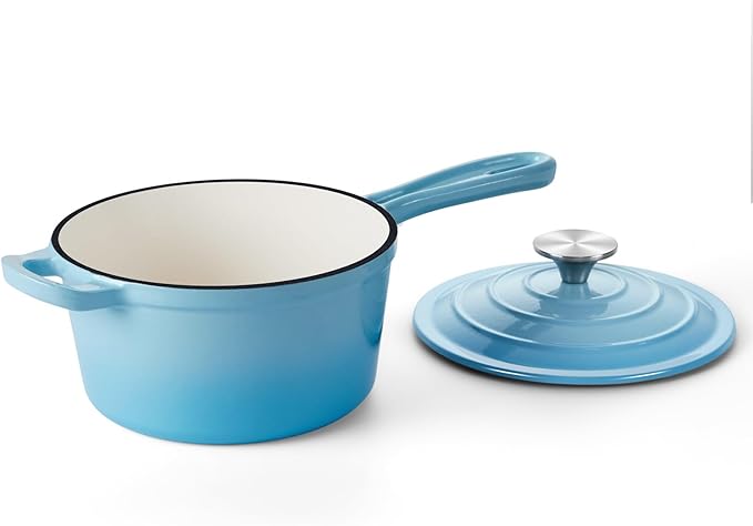 Onader 1 Quart Saucepan, Enameled Cast Iron Sauce Pan Pot, Small Kitchen Pot for Cooking with Lid, Enamel Dutch Oven Nonstick – Lake Blue