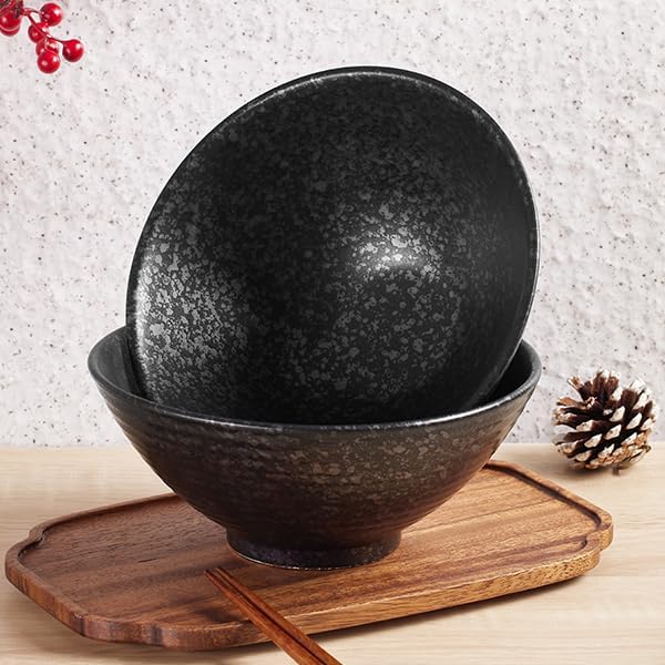 2 x 40 OZ ceramic ramen bowls, 8 IN large Japanese noodle soup bowl, match chopsticks and spoons, suitable for Pho, Udon Asian noodles (Black color 2 set)