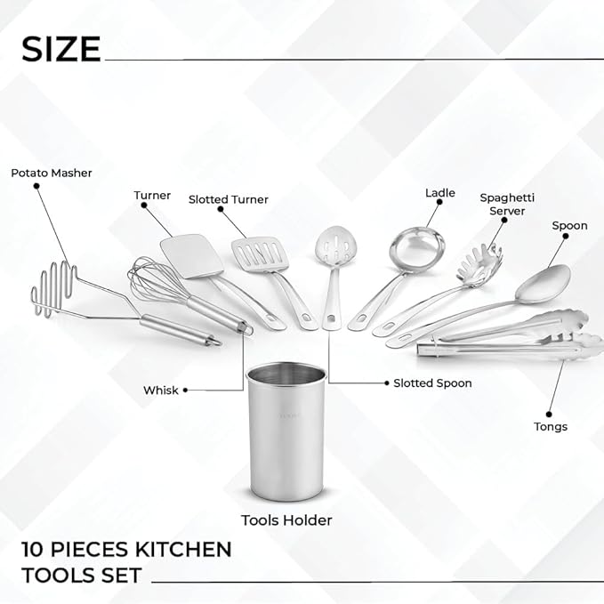 Avador® Premium Set of 10 Stainless Steel Kitchen Tool Set with Holder Easy To Clean, Space Saving, Great for Cooking, Baking, Prepping
