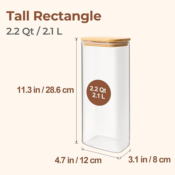 ComSaf 2.2 Qt Rectangle Glass Storage Containers with Lids, Glass Jars with Bamboo Lids, Clear Food Storage Jar, Tall Spaghetti Container, Pantry Storage Container for Pasta Flour Oats Nuts Rice