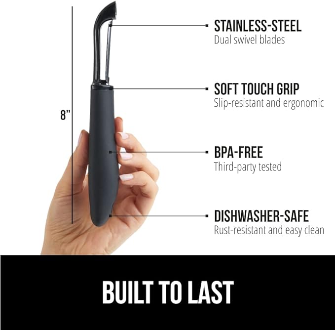 GORILLA GRIP Patented BPA-Free Sharp Stainless Steel Dual Swivel Vegetable Peeler, Soft Comfortable Handle, Smoothly Peel Apples Potatoes Carrots, Includes Blade Cover, Holiday Prep Essentials, Black