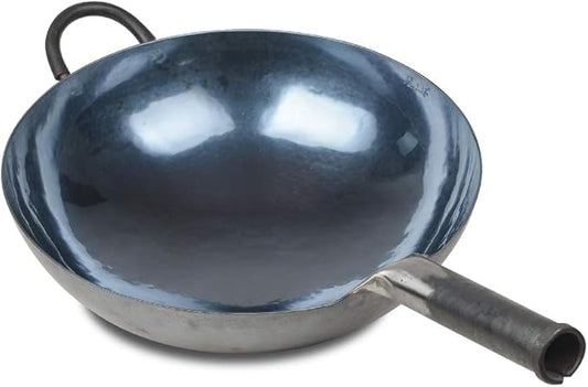 臻三环 ZhenSanHuan Chinese Hand Hammered Iron Woks and Stir Fry Pans, Non-stick, No Coating, Carbon Steel Pow (36CM, BlueBlack Seasoned with help handle)