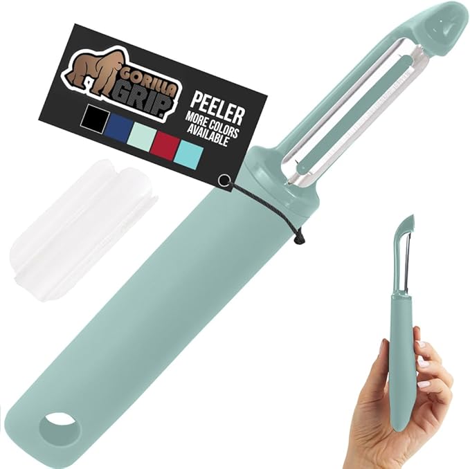 GORILLA GRIP Patented BPA-Free Sharp Stainless Steel Dual Swivel Vegetable Peeler, Soft Comfortable Handle, Smoothly Peel Apples, Potatoes, Carrots, Includes Blade Cover, Kitchen Tool Peelers, Mint