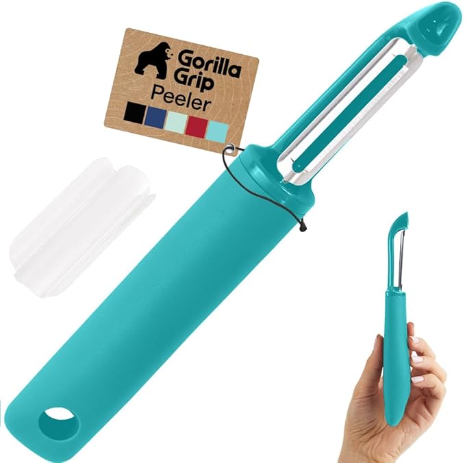 GORILLA GRIP Patented BPA-Free Sharp Stainless Steel Dual Swivel Vegetable Peeler, Soft Comfortable Handle, Smoothly Peel Apples Potatoes Carrots, Includes Blade Cover, Kitchen Tool Peelers, Turquoise