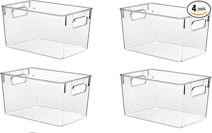 Clear Pantry Organizer Bins, Plastic Organizers & Storage Containers, Cabinet Organizer, Home Organization Must Haves for Kitchen, Laundry Room, Office, Closet & Freezer (4 Pack)