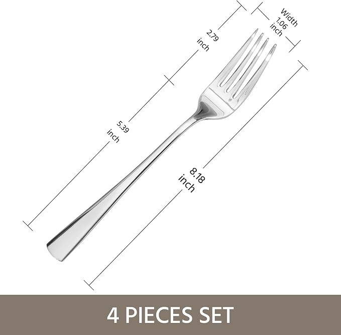 KINGSTONE 4 Piece Dinner Forks Set, 18/10 Stainless Steel Forks, Silver Food Grade Fork Set of 4, Metal Forks for Home, Kitchen, Weddings, Parties or Restaurant, Dishwasher Safe-8.18inches
