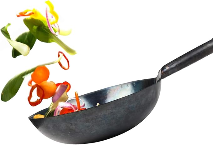 臻三环 ZhenSanHuan Chinese Hand Hammered Iron Woks and Stir Fry Pans, Non-stick, No Coating, Carbon Steel Pow (34CM, BlueBlack Seasoned with help handle)