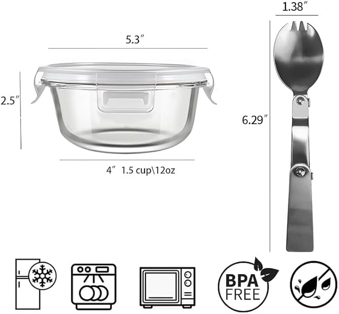 12 OZ Round Glass Food Containers With Lids, 1.5 Cup Small Glass Containers With Lids and Spoons for Office Lunch,Small Round Meal Prep Bowls for Oven, Fridge, Dishwasher safe (4 Pack)