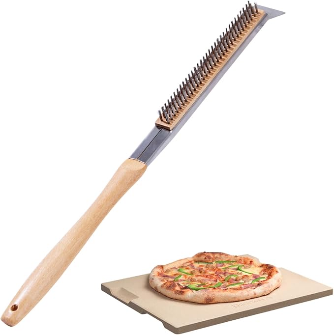 15x12 Inch Pizza Stone and Brush Set, Rectangle Pizza Baking Stone with Stainless Steel Bristle Grill Brush for Oven, Grill, BBQ, Cordierite Cooking Stone
