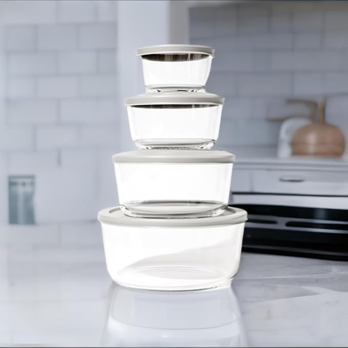8-Piece Glass Food Storage Containers Set (4 Containers + 4 Lids) | Round, Nesting, Microwave & Dishwasher Safe | BPA-Free, Space-Saving | Grey Lids for Pantry & Kitchen Organization
