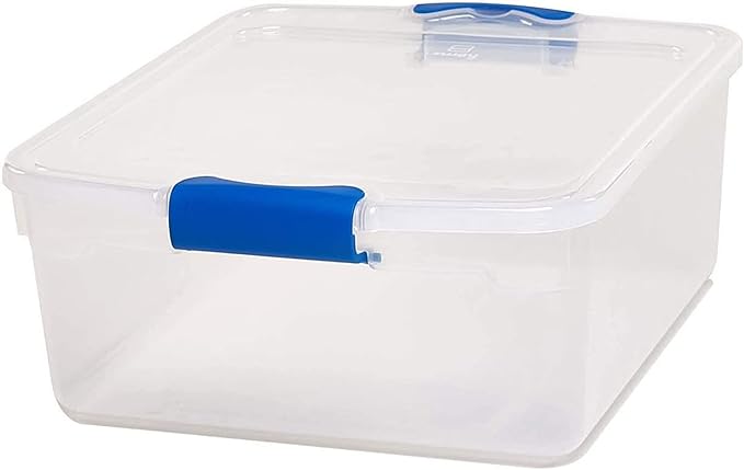 HOMZ 4-Pack Latching Lid, Small Clear Plastic Storage Bins w/ Lids, 15.5 Quart, Blue Latch - Stackable Container Boxes for Home, Bathroom, and Office Organization