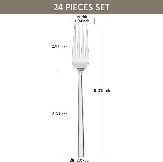 KINGSTONE Dinner Forks Set, 24-Piece Silverware Flatware Cutlery Dessert Forks (8.3-Inch), Forged Food-Grade Stainless Steel, Mirror Finish & Dishwasher Safe, Use for Kitchen, Home, Wedding, Party