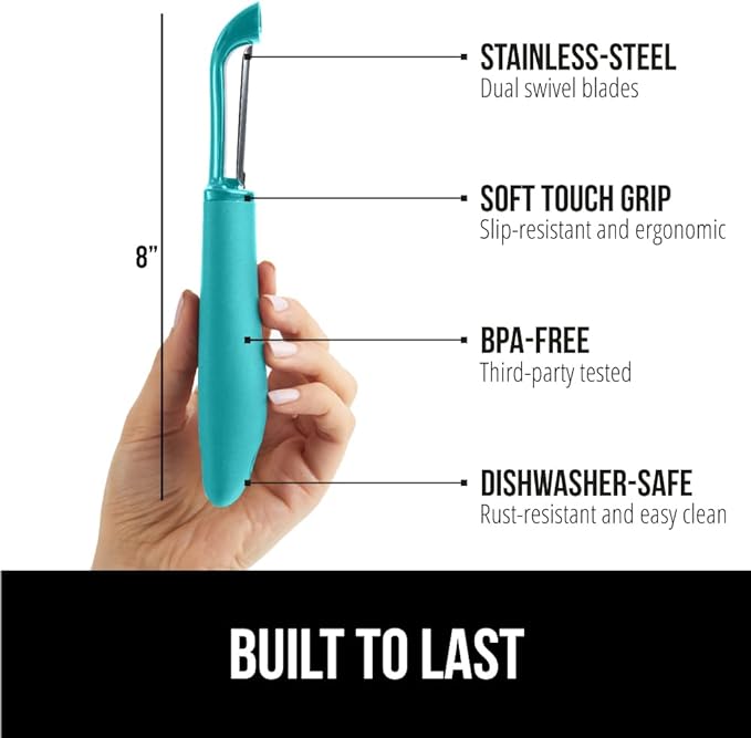GORILLA GRIP Patented BPA-Free Sharp Stainless Steel Dual Swivel Vegetable Peeler, Soft Comfortable Handle, Smoothly Peel Apples Potatoes Carrots, Includes Blade Cover, Kitchen Tool Peelers, Turquoise