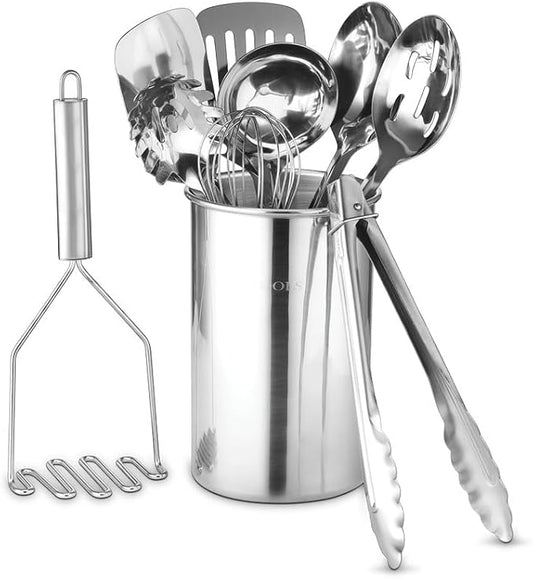 Avador® Premium Set of 10 Stainless Steel Kitchen Tool Set with Holder Easy To Clean, Space Saving, Great for Cooking, Baking, Prepping