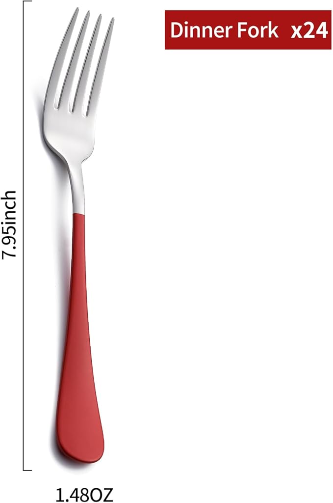 Red Dinner Fork, 18/0 Red handle Stainless Steel Satin Finish 8.1-inch Silverware Flatware Fork Set, Set of 24, Dishwasher Safe