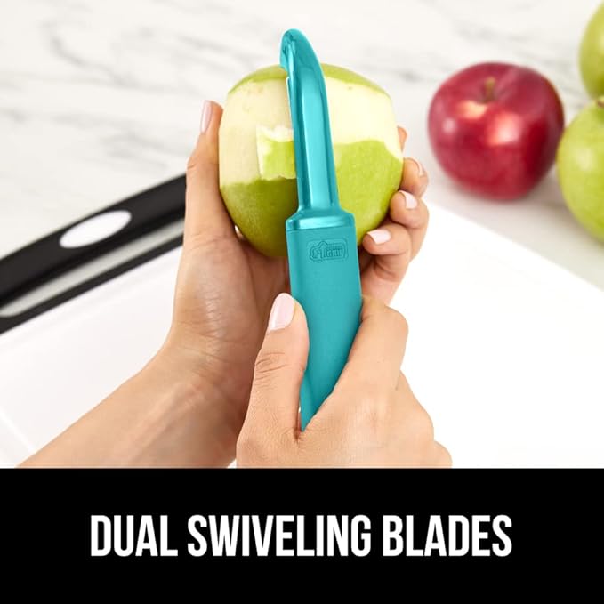 GORILLA GRIP Patented BPA-Free Sharp Stainless Steel Dual Swivel Vegetable Peeler, Soft Comfortable Handle, Smoothly Peel Apples Potatoes Carrots, Includes Blade Cover, Kitchen Tool Peelers, Turquoise