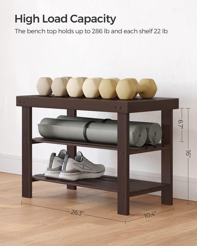 SONGMICS Shoe Rack Bench, 3-Tier Bamboo Shoe Storage Organizer, Entryway Bench, Holds Up to 286 lb, 11.3 x 27.6 x 17.8 Inches, for Entryway Bathroom Bedroom, Brown ULBS04Z