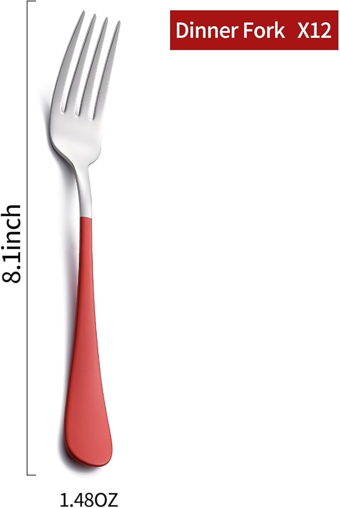 Red Dinner Fork, 18/0 Red handle Stainless Steel Satin Finish 8.1-inch Silverware Flatware Fork Set, Set of 12, Dishwasher Safe