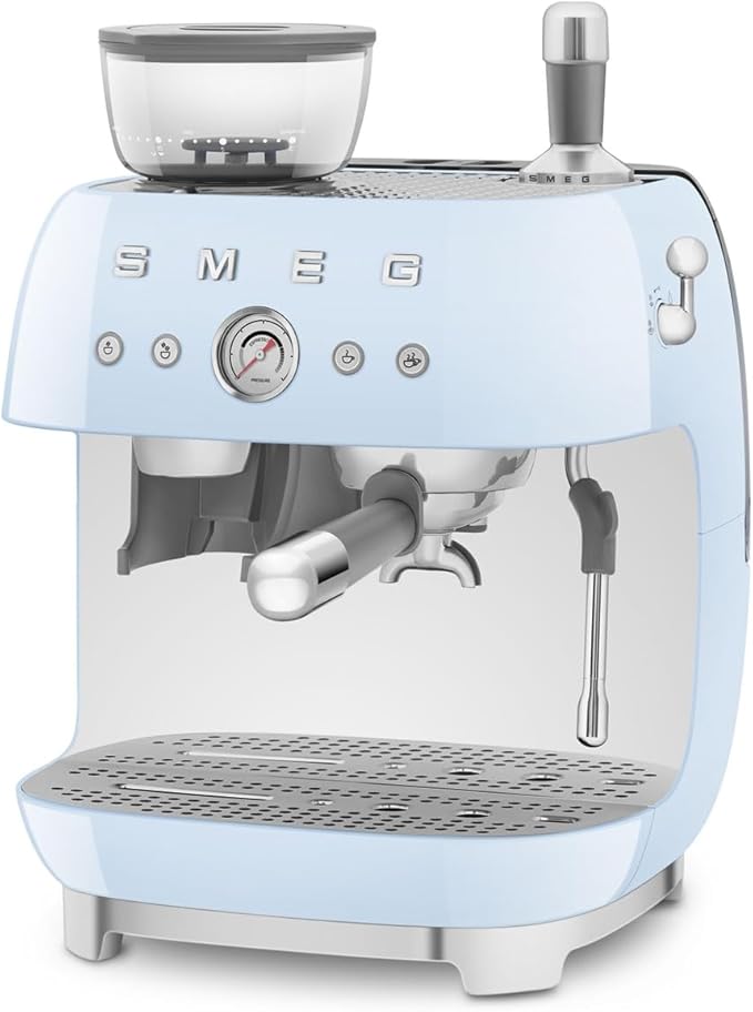 Smeg EGF03 Semi-Automatic Espresso Machine with Built-In Grinder, Dual Thermoblock, 50’s Retro Style – Pastel Blue (120 V)