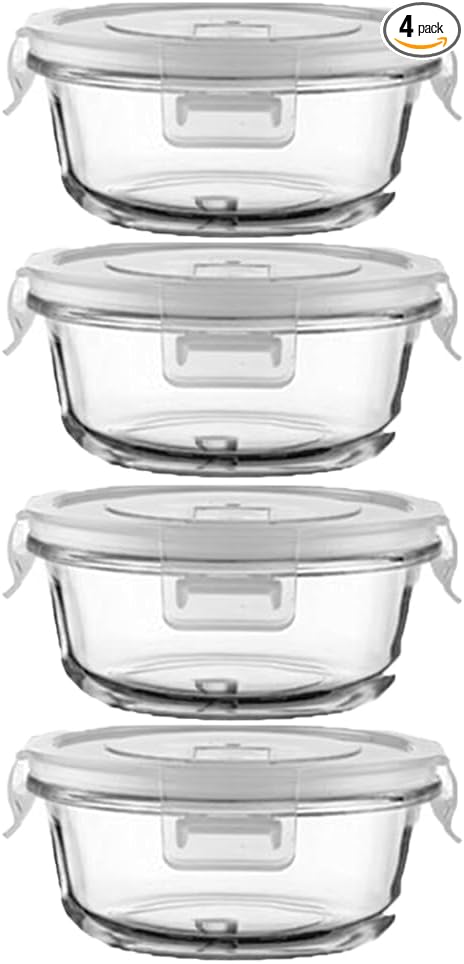 Small Round Glass Food Containers with lids, 12oz Round Food Storage Containers with Lid, 1.5 Cup Small Glass Food Containers with Lid BPA-Free, Microwave, Dishwasher, Freezer Safe (4 Pack)