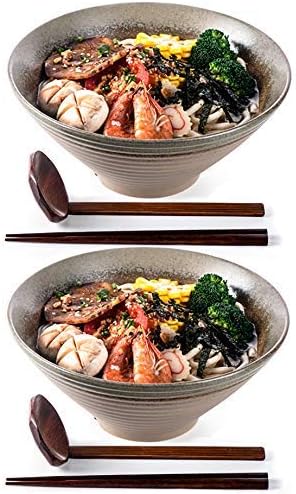 NJCHARMS Ceramic Ramen Bowls set, Noodles Soup Bowls, 2 Sets (6 Piece) 60 Ounce, Large Japanese Ceramic Ramen Bowl with Spoons and Chopsticks for Salad, Udon Pho Asian Noodles, Imitation pottery