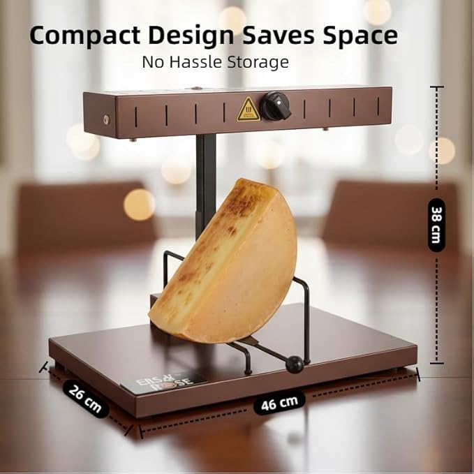 Commercial Electric Raclette Cheese Melter Grill – 850W with Tilt-Release Pan, Rack & Pinion Height Control for Half-Wheels Cheeses Countertop Melt Station for Restaurants & Catering Kitchens