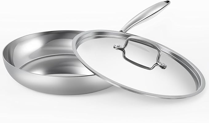 10 Inch Stainless Steel Frying Pan - 3 Ply Stainless Clad Skillet with Aluminum Core, Durable and Even Heating, Professional Cookware for Induction, All Stoves Compatiable Oven & Dishwasher Safe