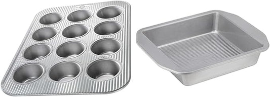 USA Pan 12-Cup Muffin Pan and 8-Inch Square Cake Pan Aluminized Steel Bakeware Set