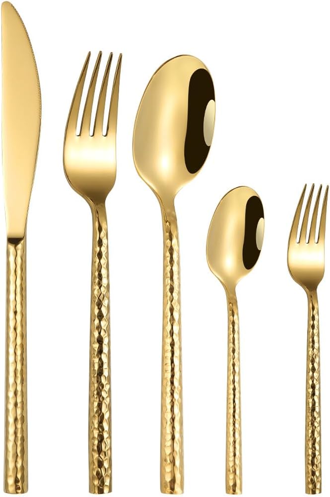50-Piece Gold Hammered Silverware Flatware Cutlery Set Service for 10,304 Thickened Stainless Steel Cutlery Knife,Fork and Spoon Set,Dishwasher Safe,Gift Package for Wedding Housewarming