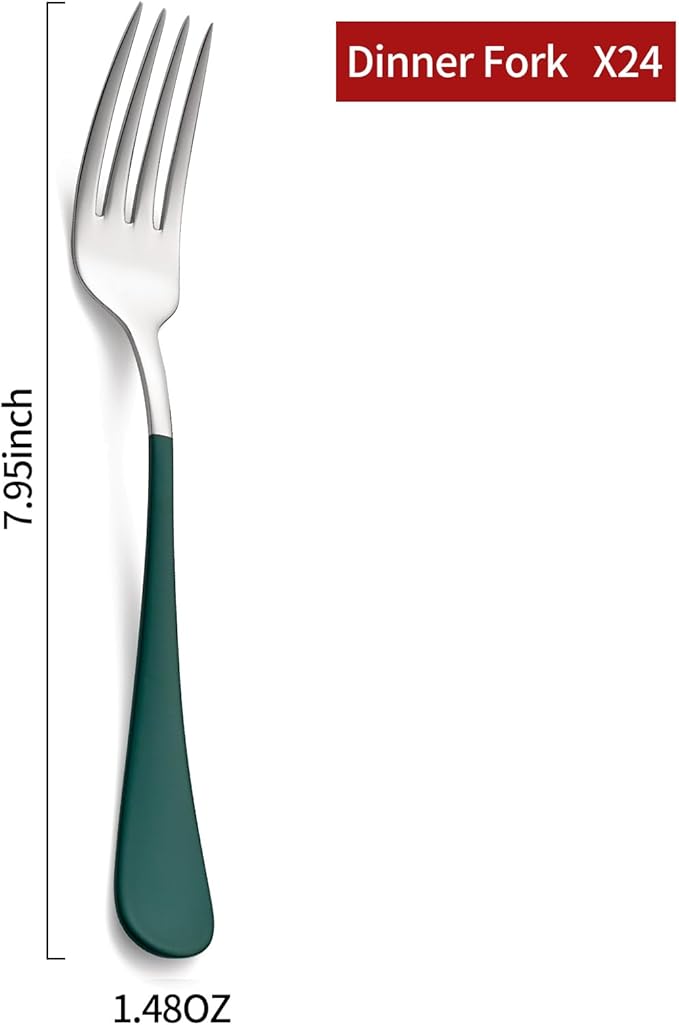 Green Dinner Fork, 18/0 Green handle Stainless Steel Satin Finish 8.1-inch Silverware Flatware Fork Set, Set of 24, Dishwasher SafG