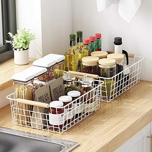 LeleCAT White Wire Baskets for Organizing with Handles，Pantry Organizers and Storage For Kitchen, Household Snack Basket for Cabinets, Closets, Bedrooms,food - Set of 4(White)