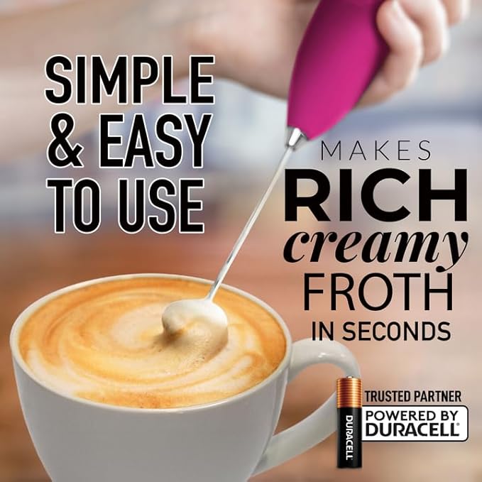 Zulay Kitchen Milk Frother Wand Drink Mixer with AA Duracell Batteries- Durable Handheld Milk Frother Electric Whisk - Easy-Clean Milk Frother Wand & Blender - Electric Coffee Frother - Dragonfruit