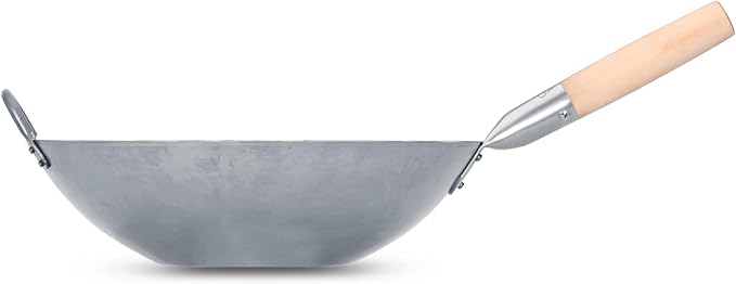 Craft Wok Flat Hand Hammered Carbon Steel Pow Wok with Wooden and Steel Helper Handle (14 Inch, Flat Bottom) / 731W316
