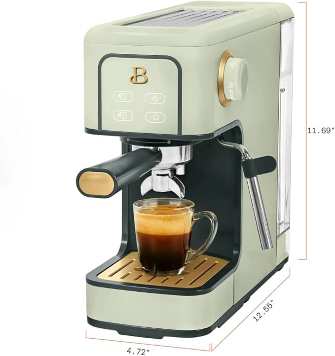 Beautiful Slim Espresso Maker by Drew Barrymore – 20‑Bar Pressure, Dual‑Spout 52 mm Portafilter, 50 oz Removable Tank, 2‑in‑1 Steam Wand & Touch Controls (Sage Green)