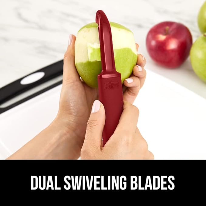 GORILLA GRIP Patented BPA-Free Sharp Stainless Steel Dual Swivel Vegetable Peeler, Soft Comfortable Handle, Smoothly Peel Apples, Potatoes, Carrots, Includes Blade Cover, Kitchen Tool Peelers, Red