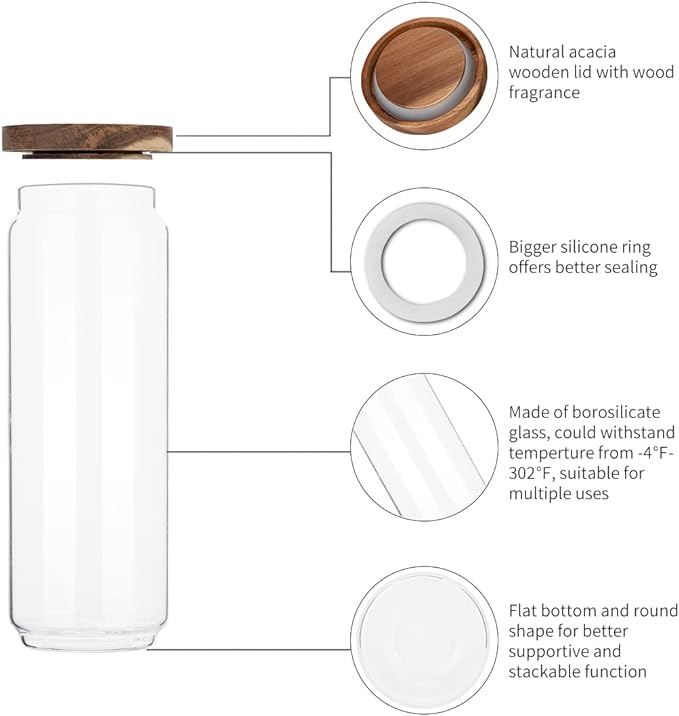 Glass Storage Containers Set of 3, 54 OZ High Borosilicate Glass Jars with Wooden Lids Kitchen Food Canisters s for Coffee Beans/Sugar/Noodles/Nuts/Cookies/Pasta